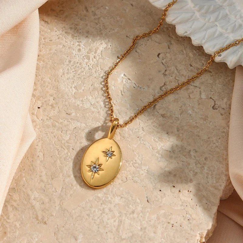 China OEM Simple Style Oval Octagonal Star Zirconia Pendant Stainless Steel Necklace Gold Plated