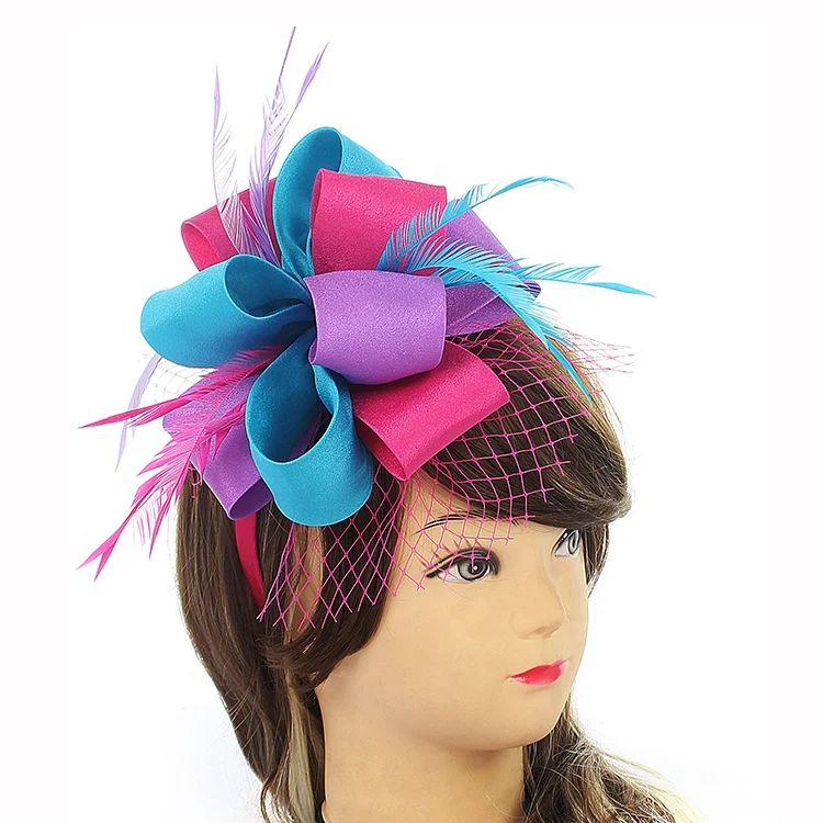 
Feather sinamay fascinator women party hair accessory custom handmade red green satin fascinators for ladies 