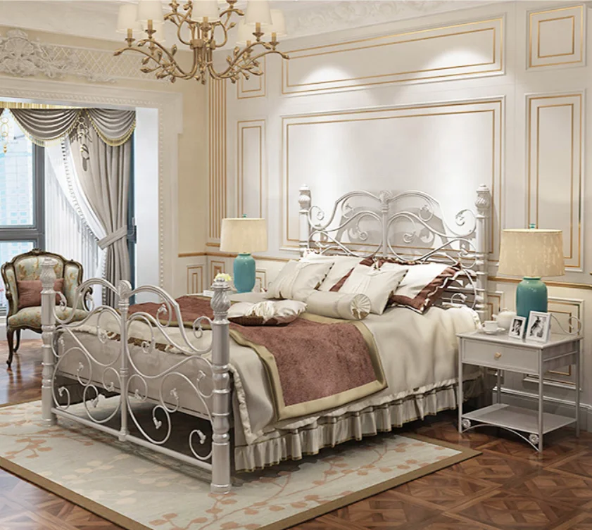 
2019 dijin Luxury Vintage Design European Style Wrought Metal Iron Bed Antique Brushed Gold King Size 