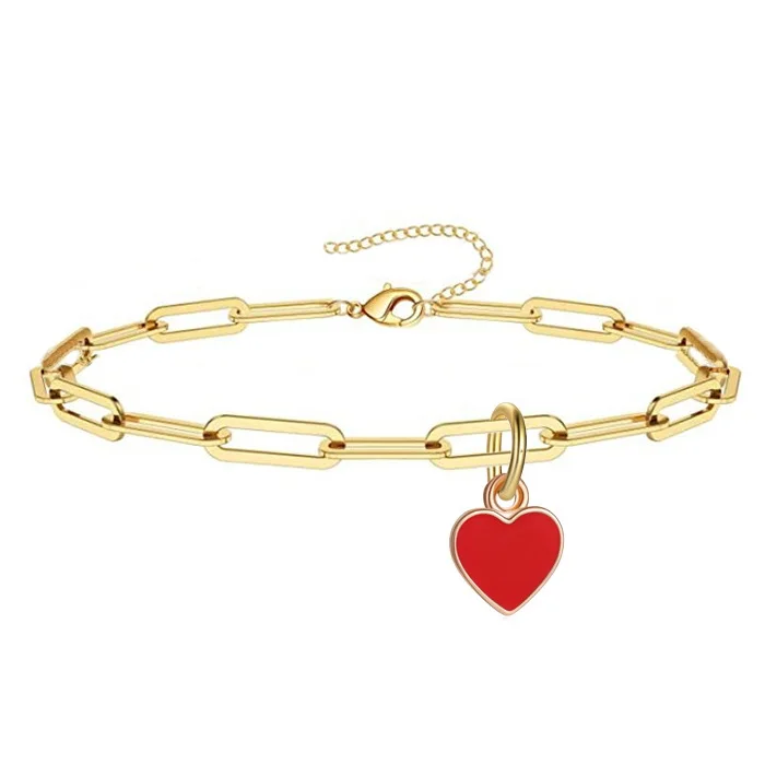 INS Stainless Steel Gold Plated Paperclip Chain Enamel Heart Pendant Bracelet Ankelt Personalized Chain Colorful Heart Bracelet
