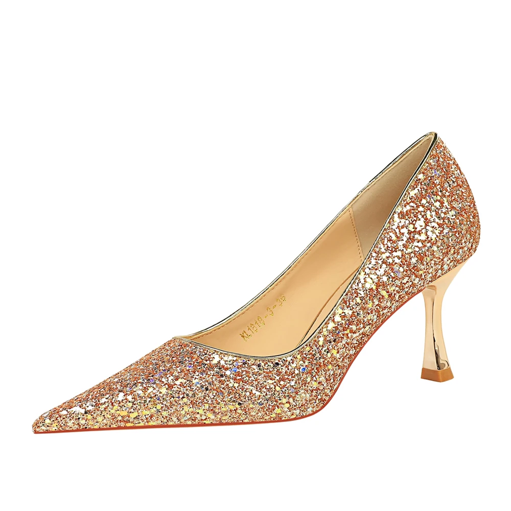 1818-3  BIGTREE Korean Fashion Banquet High Heel Shoes Metal Heel High Heel Shallow Mouth Pointed Shining Sequin Fabric Single S