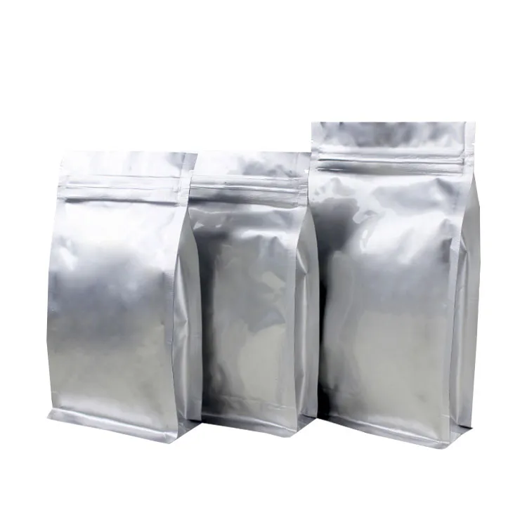 Flat Bottom Pure Aluminum Foil Resealable Zip Lock Silver Food Packaging Box Pouch Bag