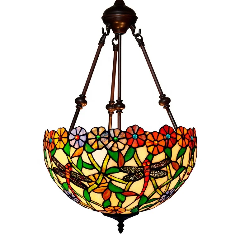 HITECDAD retro flower dragonfly classic tiffany stained glass lamp shade Restaurant Bar Club bedroom retro Tiffany pendent lamp