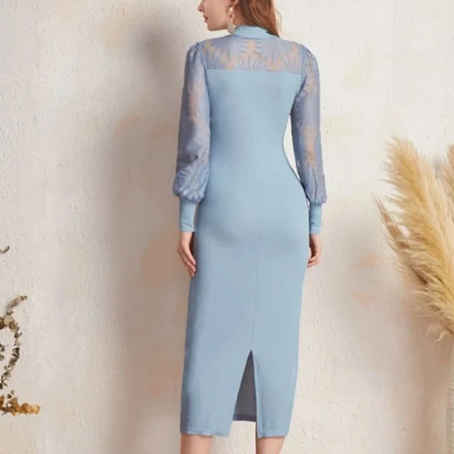 2022 Autumn/winter long sleeve stand-up collar lantern sleeve plaid career Dress women