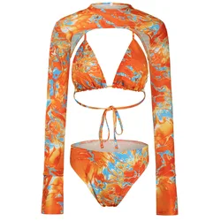 Presale 2021 Mock Neck Flare Sleeve Printed Padded Sexy Swimwear Cover Ups Outfits 3 Piece Swim Bikini Set Swimsuit For Women -C