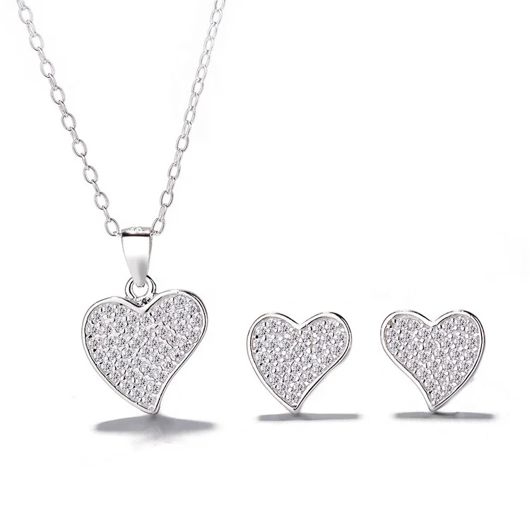 Wholesale Sterling Silver 925 Love Necklace and Earrings Set Heart Full Jewelry Set for Girls