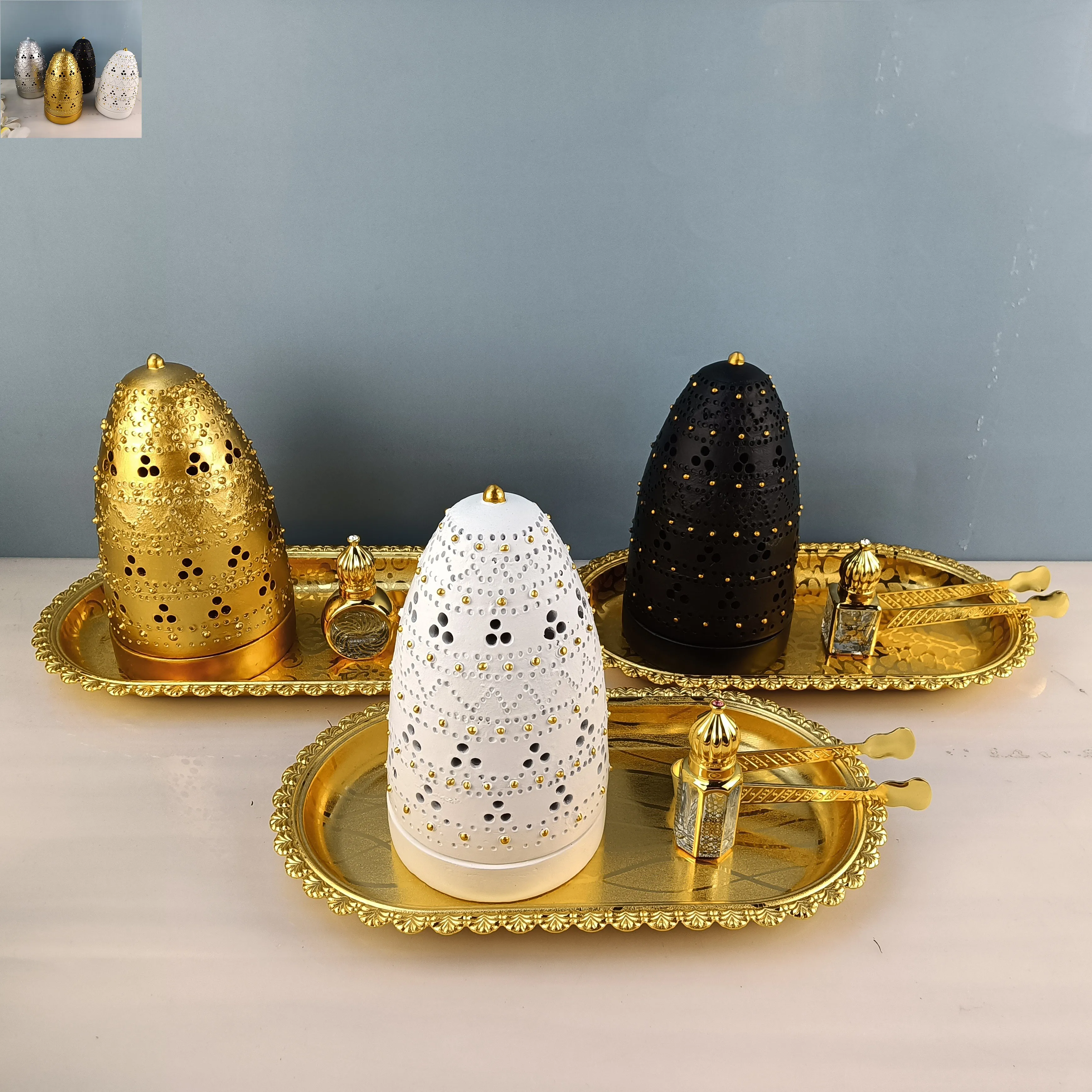 2023 Hot selling light luxury incense burner set BAKHOOR 4-piece set Metal tray Resin incense burner Essential oil bottle