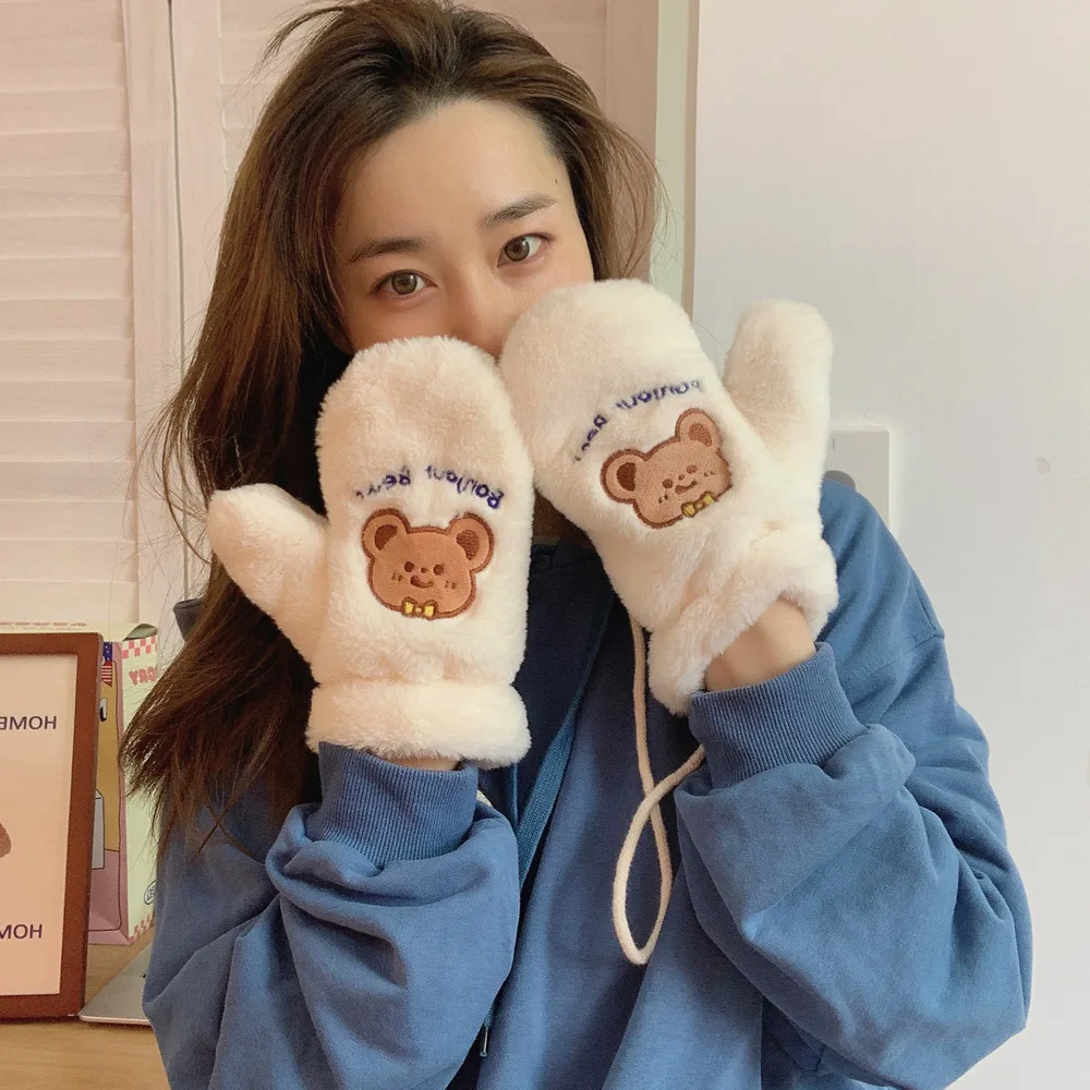 Симпатичные плюшевые перчатки с вышивкой медведя для леди девушки мягкие зимние теплые пушистые варежки без пальцев повседневные уличные ветрозащитные