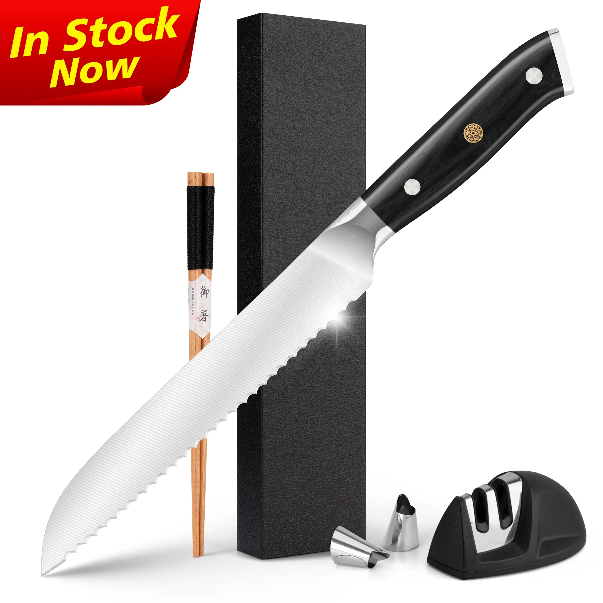 10% Off Custom Logo Black Pakka Wood 8 inch 1.4116 forged serrated bread knife made of german stainless steel