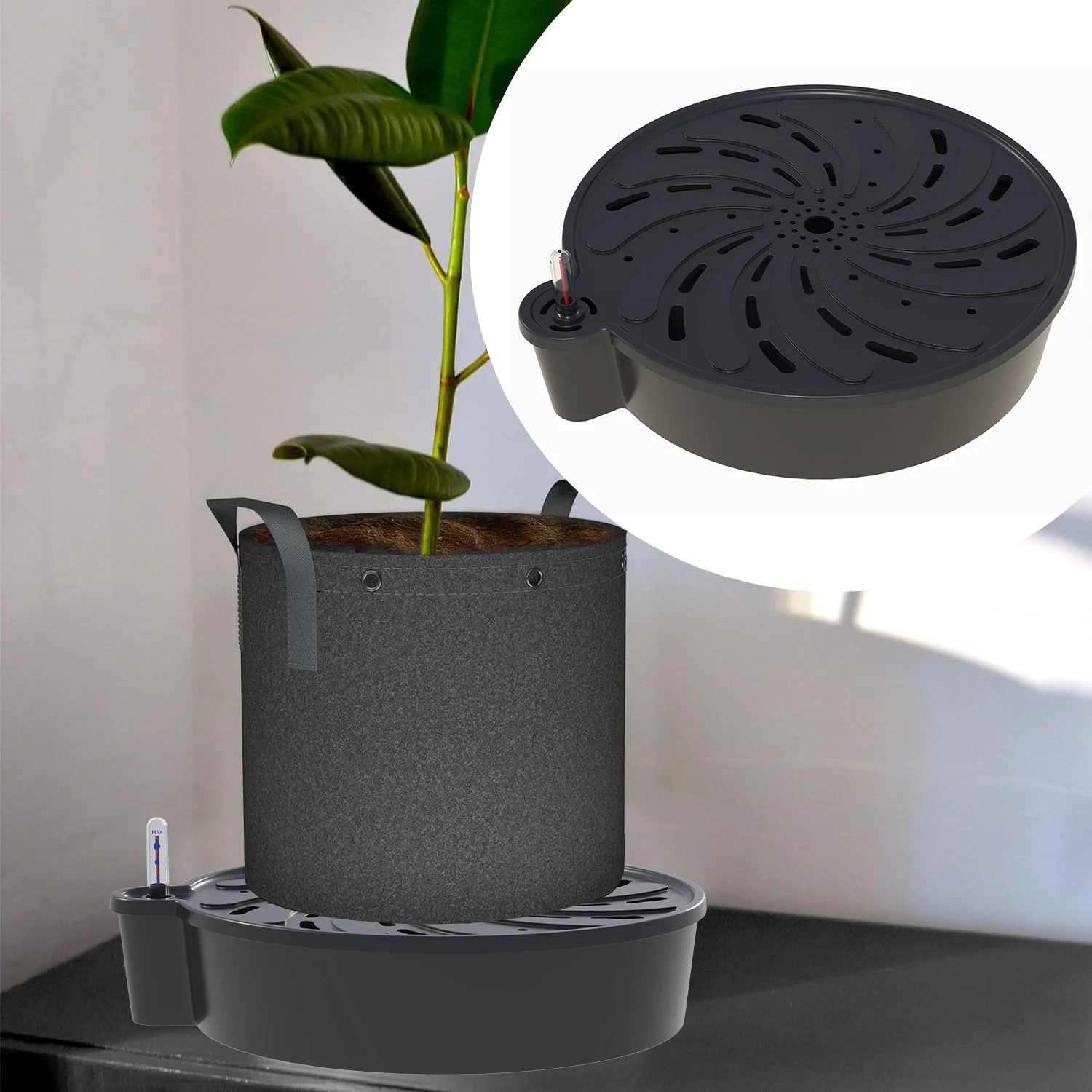 Outdoor Garden Self-Watering Fabric Pot Base PP Plastic Elevated Plant Saucers with Water Level Indicator for Indoor Grow Tents