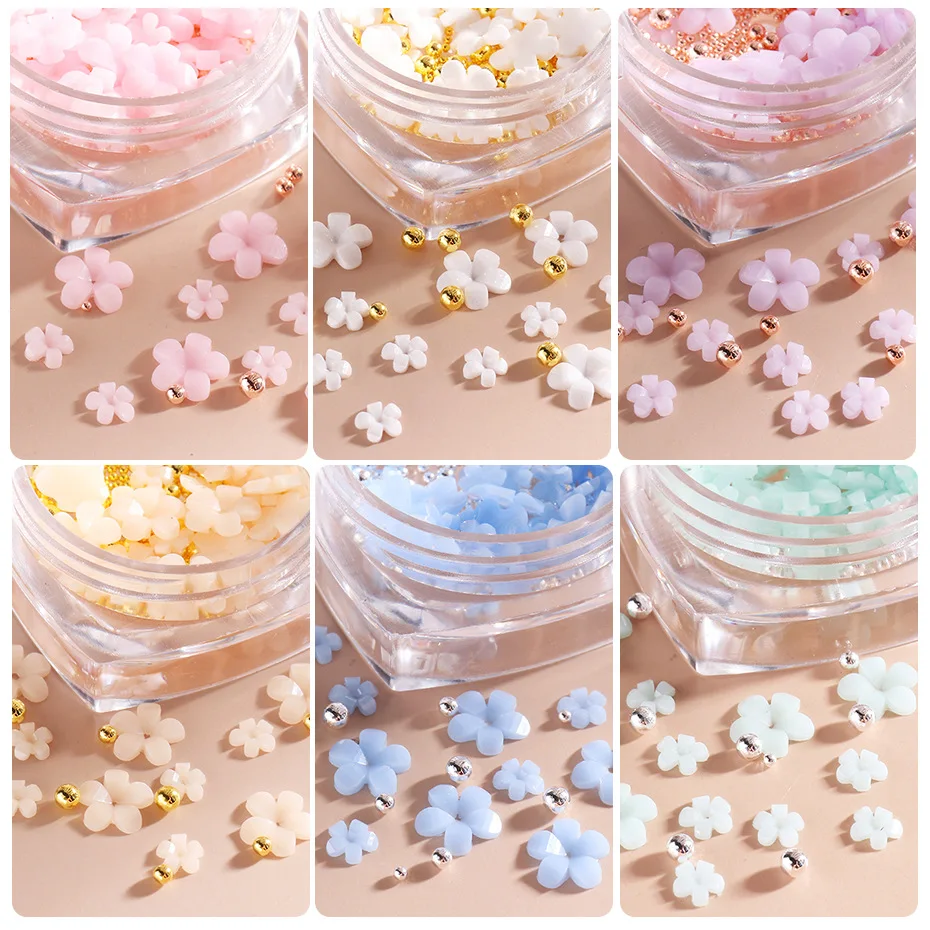 3D Nail Art White Pink Flowers Accessories Jewelry Mixed Gold Silver DIY Fingernail Decoration Manicure Design Nail Drill