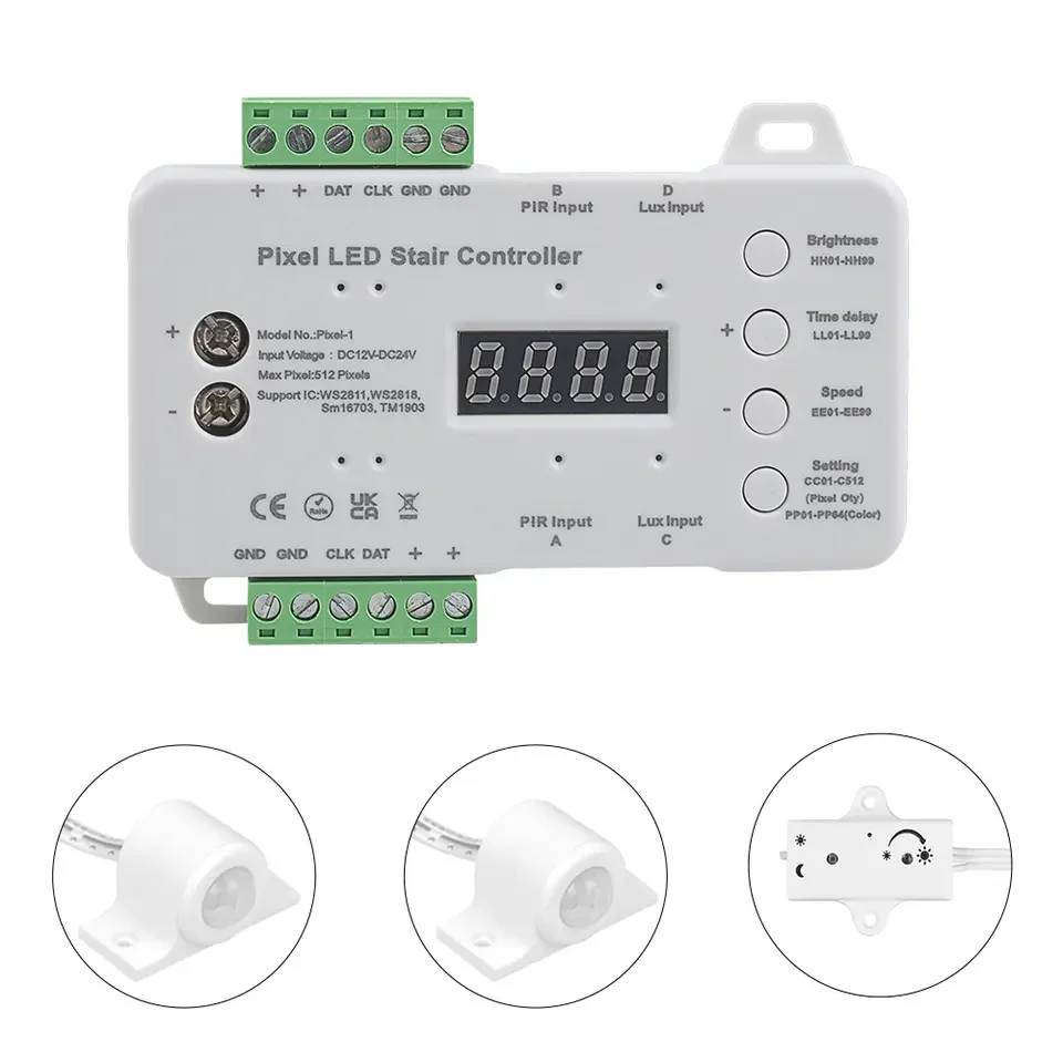 mart Pixel Led Stair Controller With Daylight PIR Sensor For WS2811 WS2818 WS2812B Led Strip DC12-24V 512 Pixel Model Pixel-1