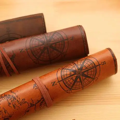 Creative treasure map Vintage Canvas Leather Large Capacity roll pencil bag lovely simple stationery box