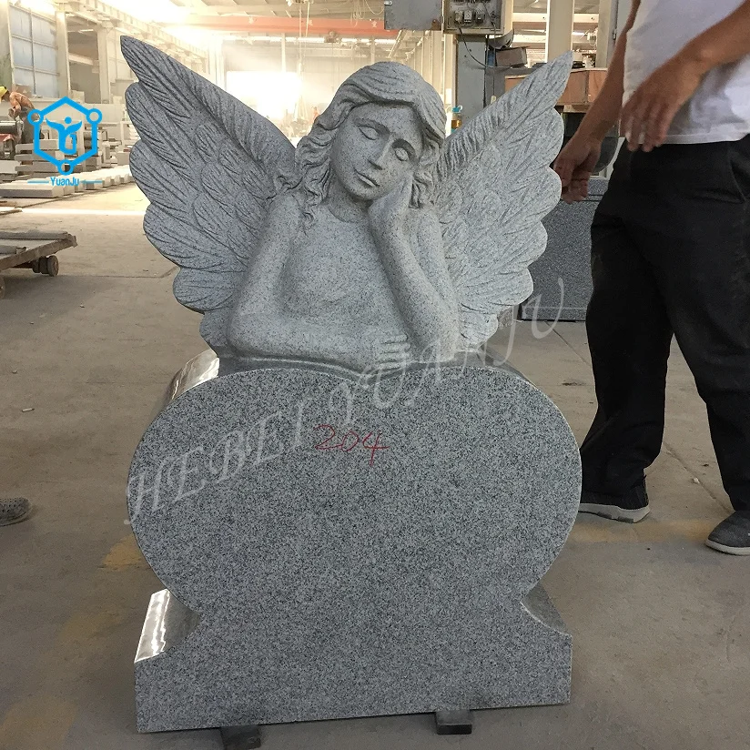 Custom Modern Life Size Hand Carved Modern Cemetery Headstone with Angel Wings for Sale