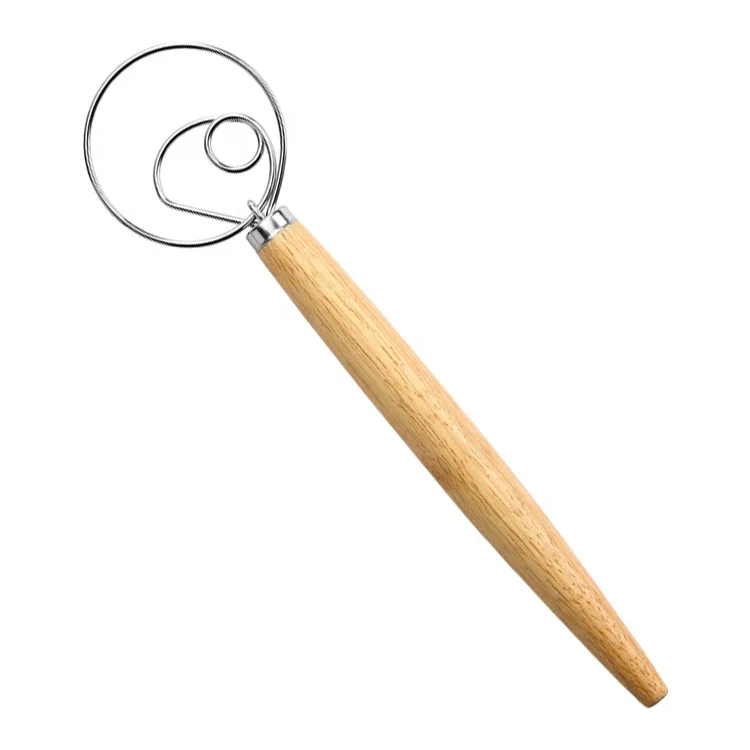 Wholesale wooden handle kitchen baking stainless steel 13 inch bread raw dough whisk mixer