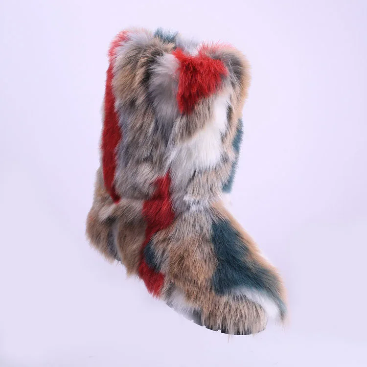 Wholesale Ladies Hot Sale Colorful High Warm Faux Fox Fur Boot Shoes Women Winter Snow Slipper Boots