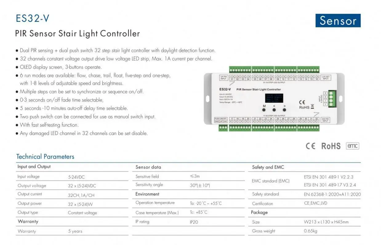 ES32-V 5-24VDC 32CH*1A  push switch  32 step constant voltage output OLED screen  PIR Sensor Stair Light Controller