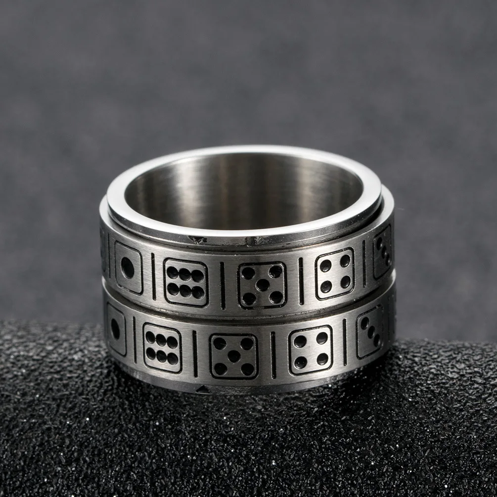 Creative Jewelry Funny Double Layer Round Loop Spin Finger Ring Silver Stainless Steel Engraved Grain Dice Game Ring