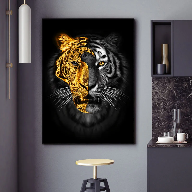 Print Animal Art Gold Black Tiger Painting Modern Poster Wall Picture Wall Art for Living Room Interior Home Decorate
