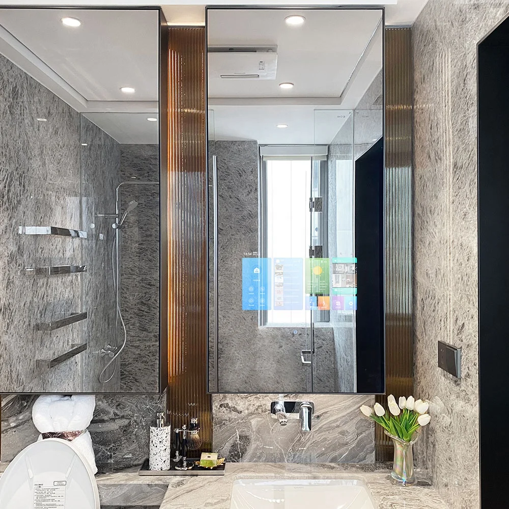 New style Hotel mounted smart touch magic switch screen bathroom bath led mirror TV mirror With Android Wifi