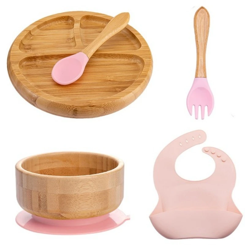 Manufacturer Factory Baby Led Weaning Set 5PCS Silicone Bib Baby Wooden Bowl Suction Plate Bamboo Baby Feeding Set