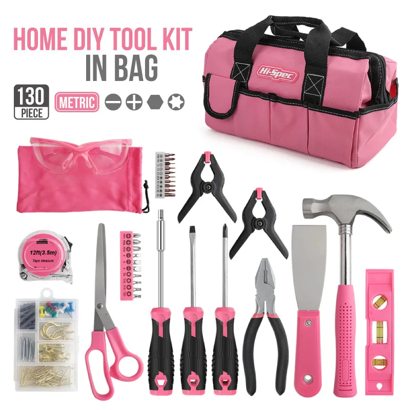 130Piece Home Tool Kit Pink Packaging For Easy To Carry Built-In Tools For A Variety Of Scenarios Durable Material