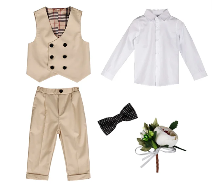 2023 Children Baby Boy Suit Host Boys Performance Suits Long Sleeve Vest Shirt Pant 5 Pcs Set Suit Khaki Wedding Birthday Party