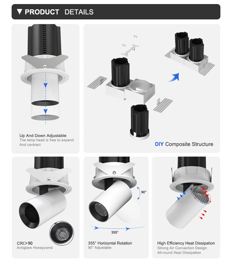OBALS Grille ceiling lamp led adjustable downlight round 2*7w 12w deep recessed led downlight double head rectangular spot light