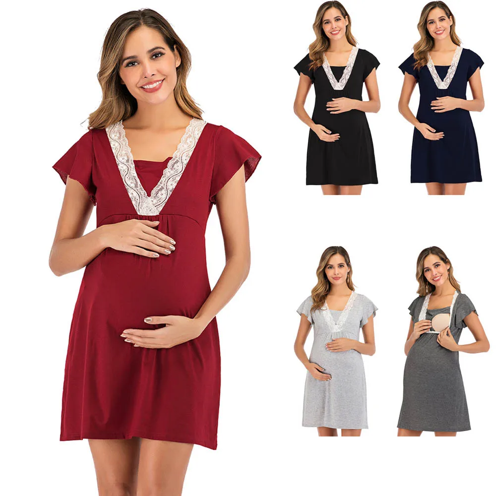 
Maternity Pajamas Short Sleeve Plus size Lace Wholesale Nursing Pajamas Dresses Breastfeeding Hot Sale 