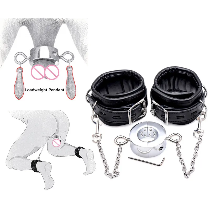 For Male Ball Stretcher with Leather Handcuff Restraint Bondage Penis Lock Metal Scrotum Pendant Cock Ring Fetish Toys For Men