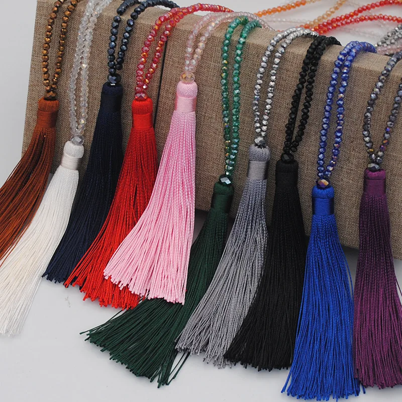colorful velvet thread pendant crystal beaded necklace sweater chain pendant rhinestones choker women tassel long necklace