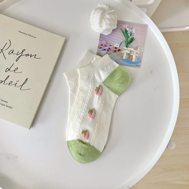 Green socks female spring summer  cute sweet strawberry boat socks