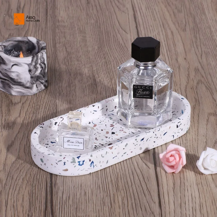 Oval Terrazzo Serving Tray for Bathroom Amenity Storage in Hotels and Home Use Cement Vanity Tray Decorative Trays