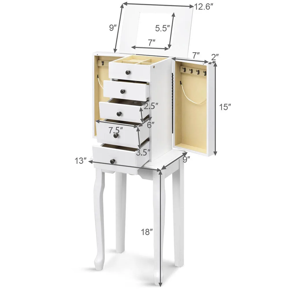 White Jewelry Cabinet Armoire Storage Box Chest Standing Organizer with Mirror