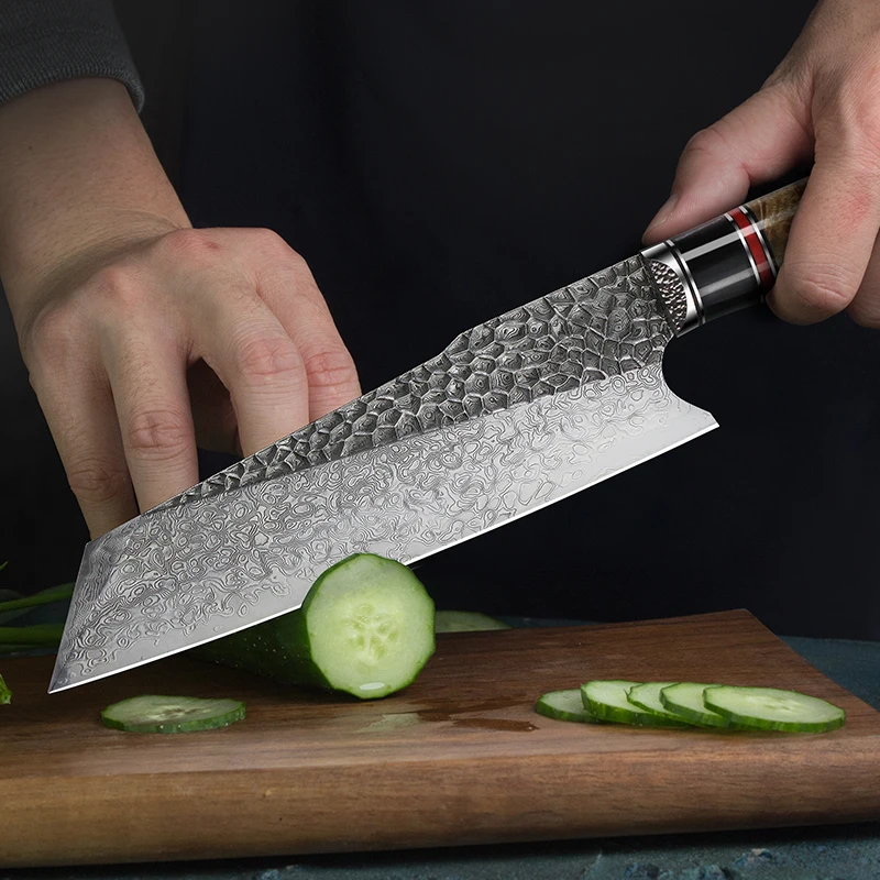 Hot Sell 8in Burl Stabilized Handle VG10 Damascus Stainless Steel Blade Leather Sheath Japanese Kitchen Santoku Knife