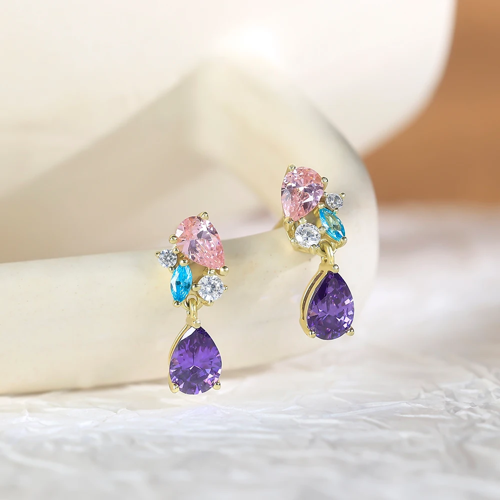 Grace Jewelry Noble Luxurious Big Gemstone Purple Zircon Pink Stone Gold Plated 925 Silver Fashion Jewelry Luxury Women Earrings