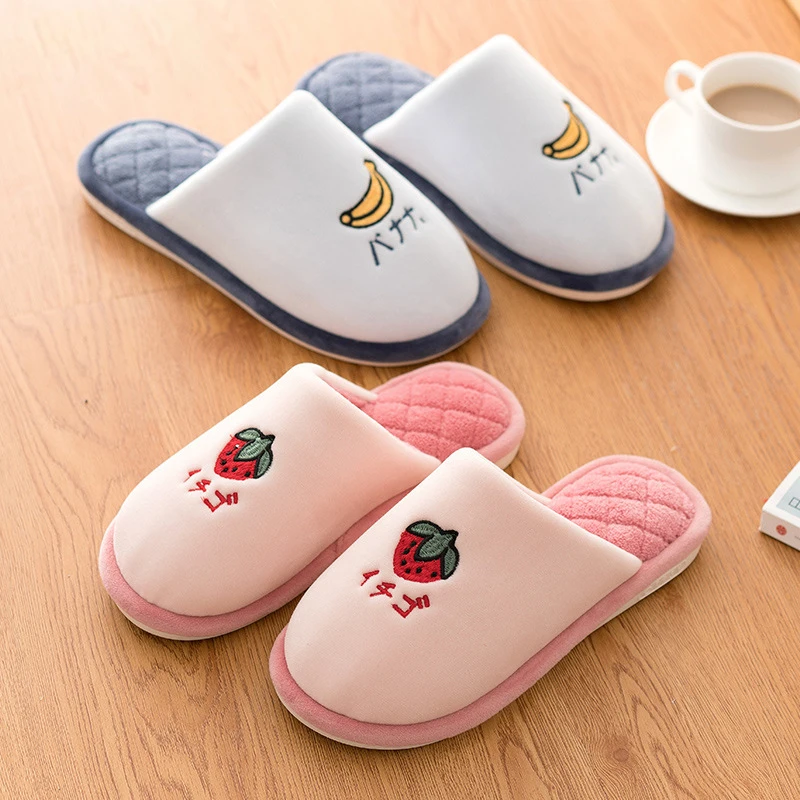 Autumn and winter home slippers female cute fruit plush indoor non-slip couple warm  high quality bedroom shoes
