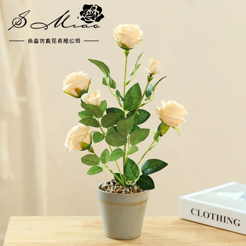 High quality artificial rose tree and gray plastic pot bonsai home decor