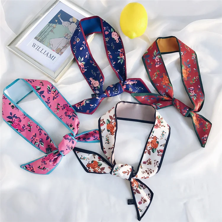 Новый Модный тонкий узкий шелковый шарф с украшением, Женский Простой декоративный шарф, маленький шарф, сумка-повязка для волос