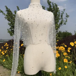 2022 Pearls Long Sleeve Wedding Jacket  Shawl Embroidery Lace Jacket for Wedding Bride Shawl Bolero Pattern
