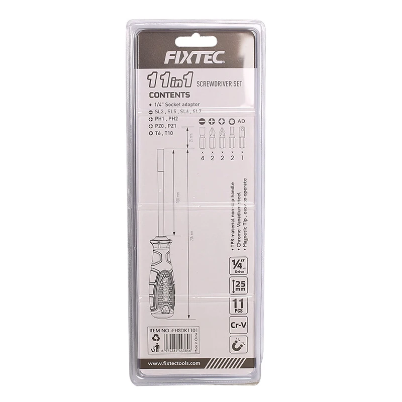 FIXTEC Hand Tool 11 IN 1 Household Magnetic Diy Repair Tool Kit for Home Screwdriver Bit Set