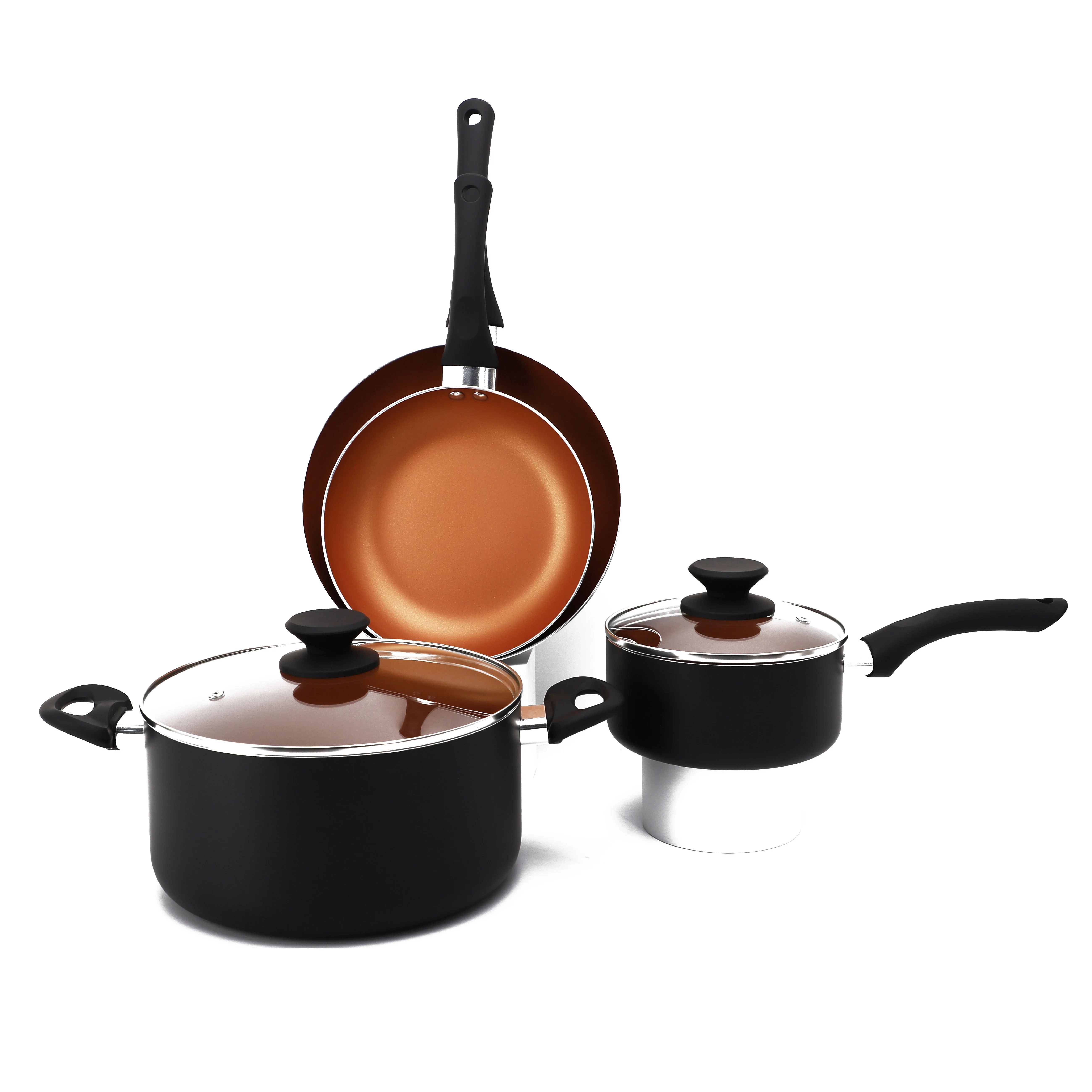 6 pieces bronze coloured non stick coating Pots and Pans Cookware  with Ergonomic Soft Touch Handle