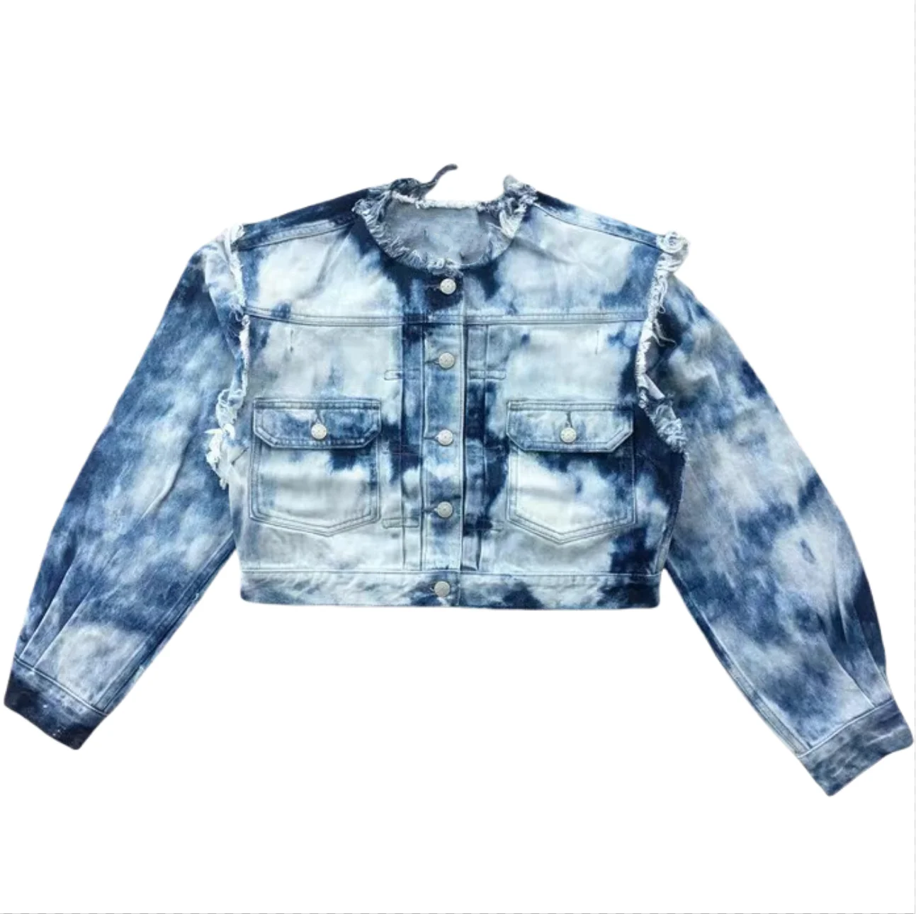 Crew neck single breasted denim blue color lady long sleeve casual fashion cotton denim jeans jacket for women