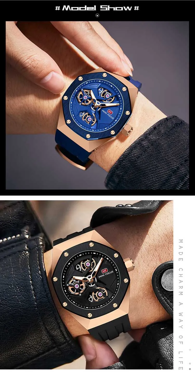 Mini Focus MF0422G Wholesale Blue Gents Quartz Watch Stylish Silicone Band Water Proof Skeleton Vintage Casual Wrist Watch