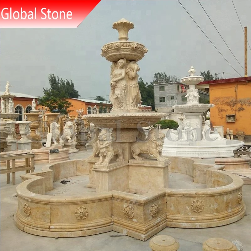Fancy Custom Hand Carved White Marble Water Fountains with lion sculptures for Outdoor Garden