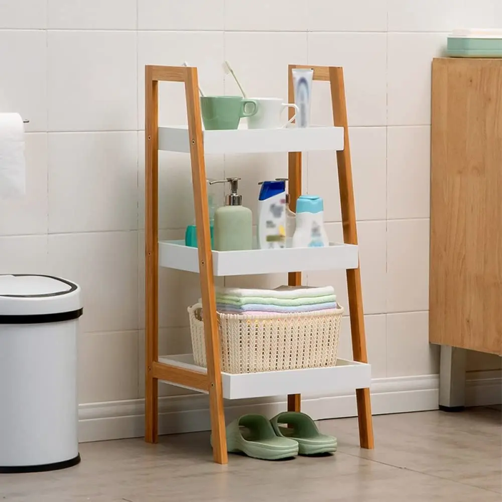 Bamboo Ladder Shelf 3-Tier Kitchen Organizer Rack FreeStanding Bookshelf Bathroom Storage Shelving Plants Stand Display Shelves