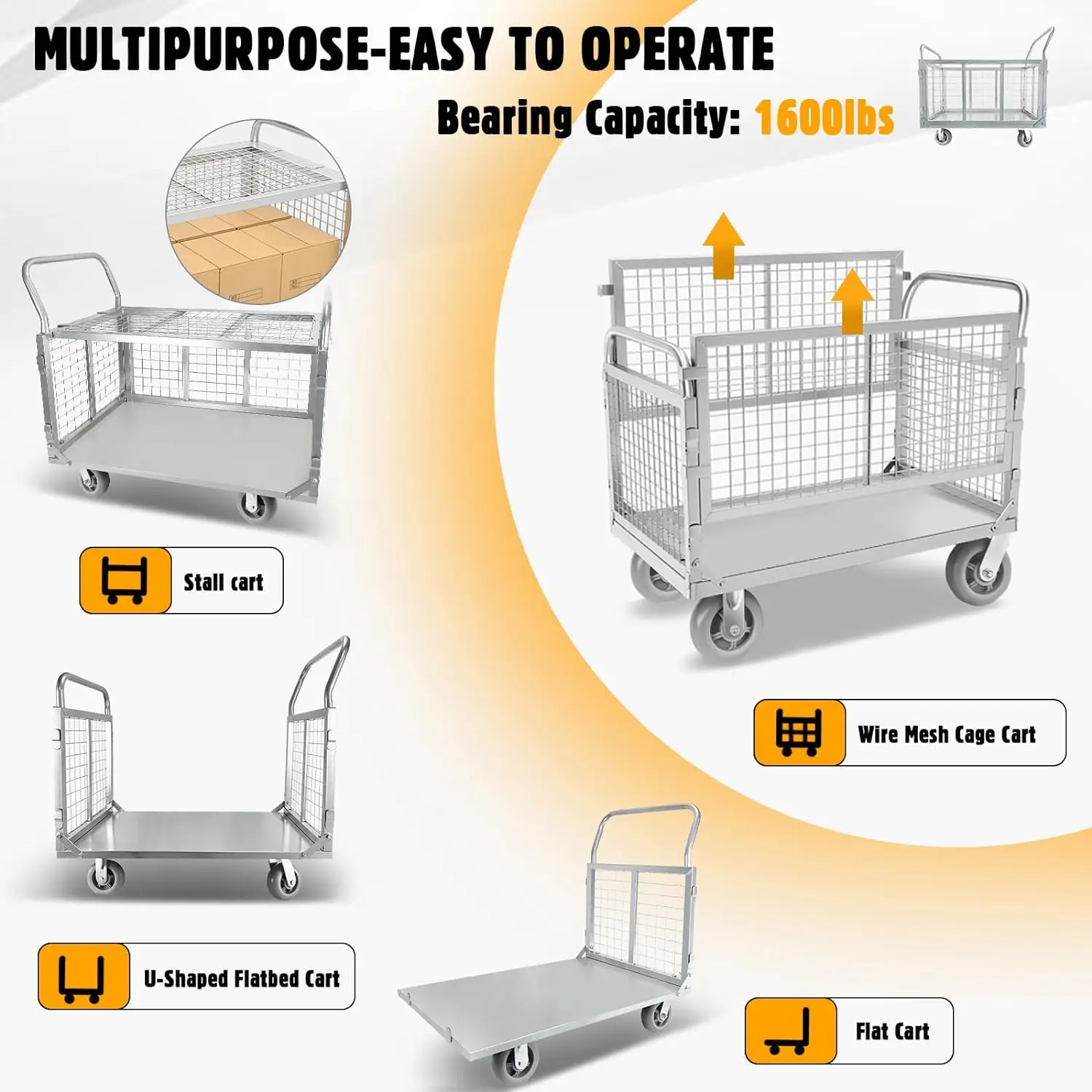 Movable Platform Truck with Cage Folding Trolley Load 1600LBS Multi-purpose Pulley Tool Car Work Cart on Wheels