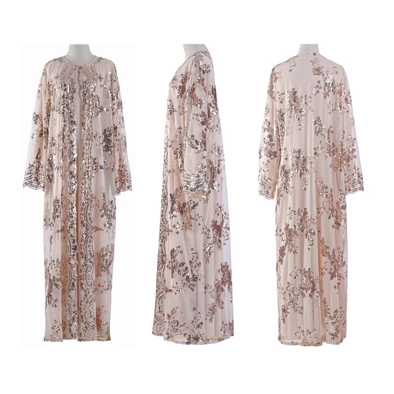 Factory direct sales customized new muslim kimono lace mesh embroidery cardigan wholesale sequins front open abaya kaftan