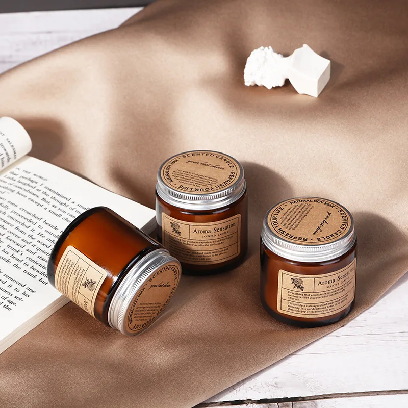 Custom Brown Glass Cups With Lid Aromatherapy Candles Wholesale Home Decor Smokeless Plant Wax Scented Candle