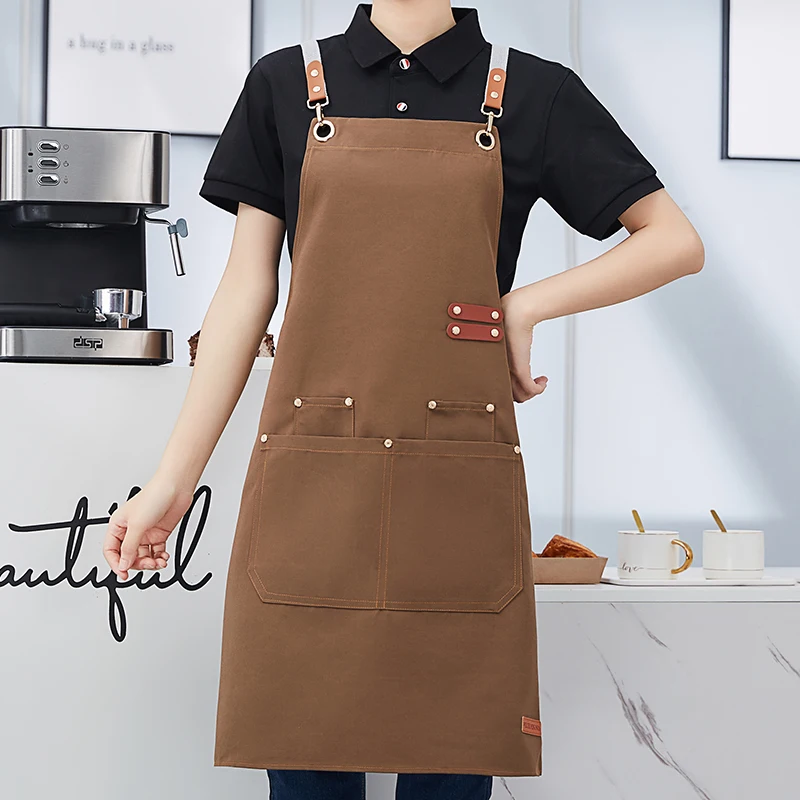 Apron Custom Logo Women Cotton Adjustable Kitchen Clothes with Pockets Long Style Overalls for Men Workwear Apron